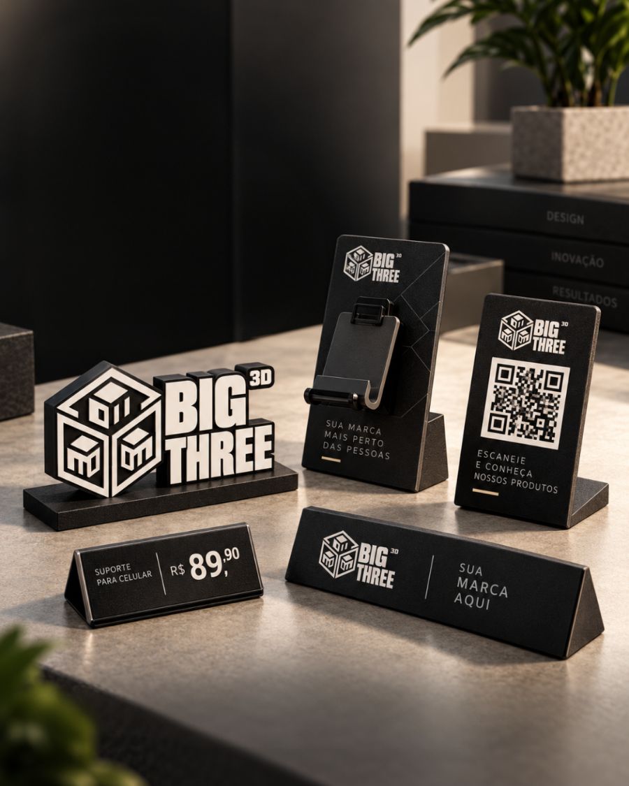 Ponto de venda: Logo de balcão, suporte, QR Code e preço
