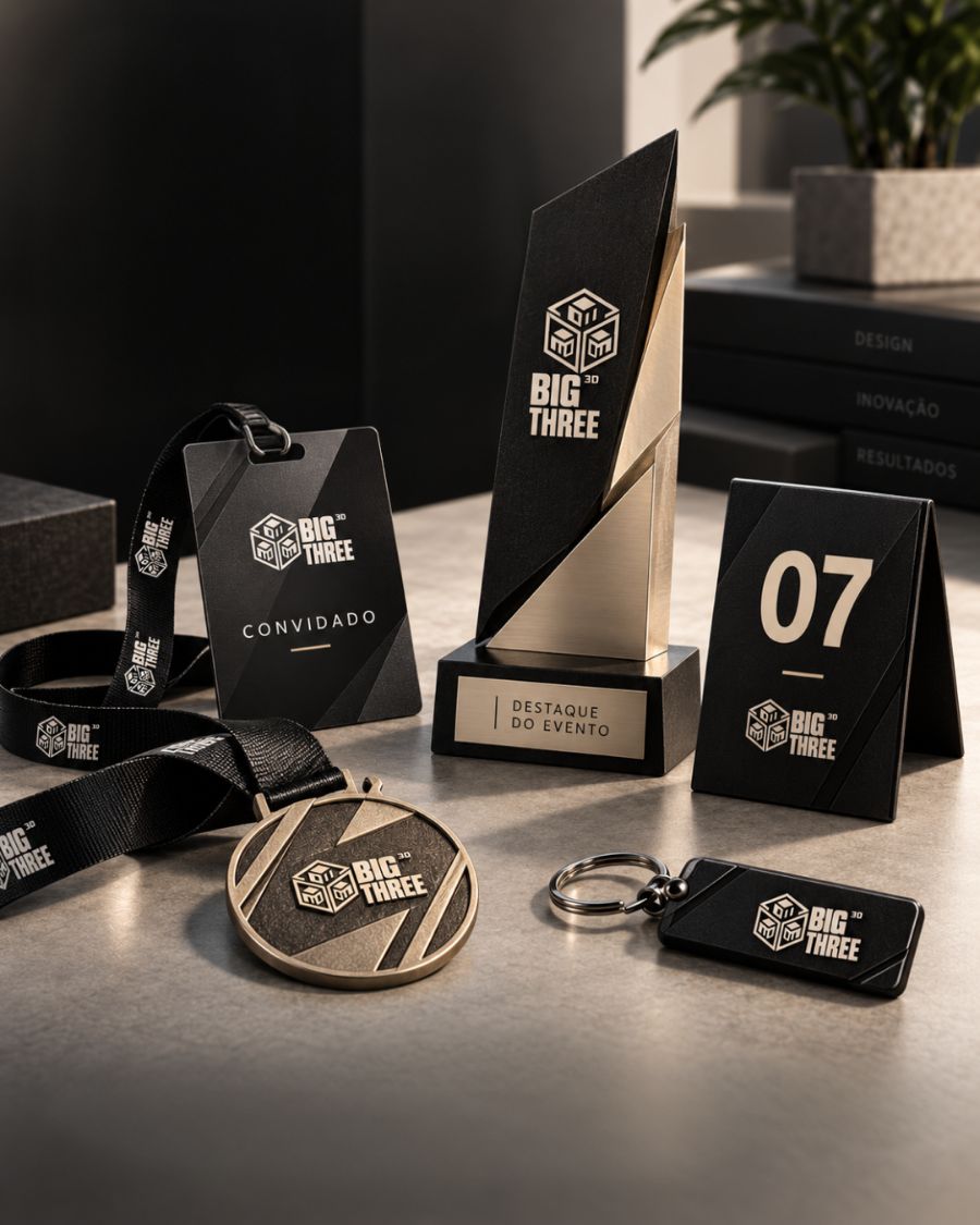 Eventos: Crachá, troféu, medalha e número de mesa